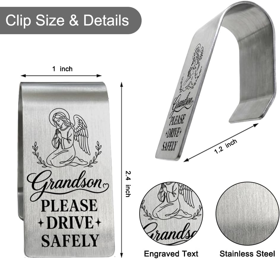 Grandson Please Drive Safely Car Visor Clip, Guardian Angel Driving Safety Visor Clip for Cars for Grandson Teen Family, Graduation Gifts, Travel Visor Car Accessories, New Driver Gifts