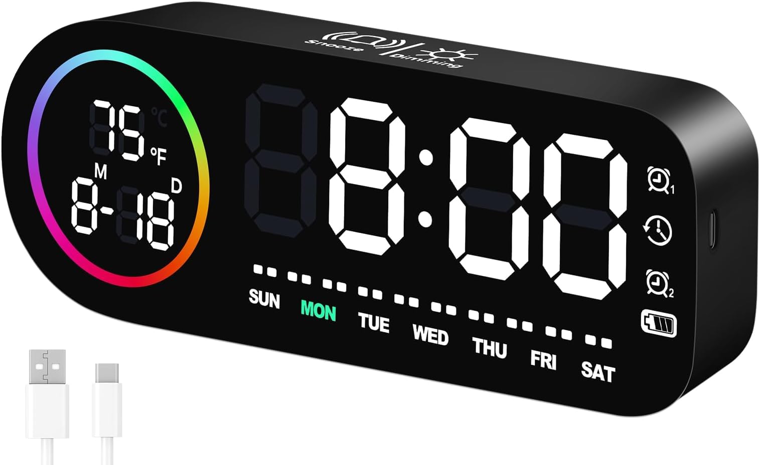 Vinabo Réveil Numérique LED 7 Couleurs - Horloge Digitale avec Affichage Température, 5 Niveaux Luminosité, Double Alarme, Snooze, USB, 12/24h - Réveil Lumineux pour Enfant & Adulte (Noir) (Lot de 5)