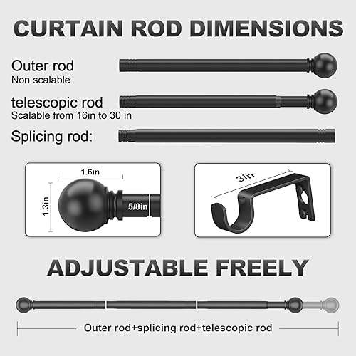 Miniatura 3 de Authandis Barras de cortina negras para dormitorio con soportes, barra de cortina pequeña de 58 pulgadas de diámetro, 32 a 123 pulgadas, barras de