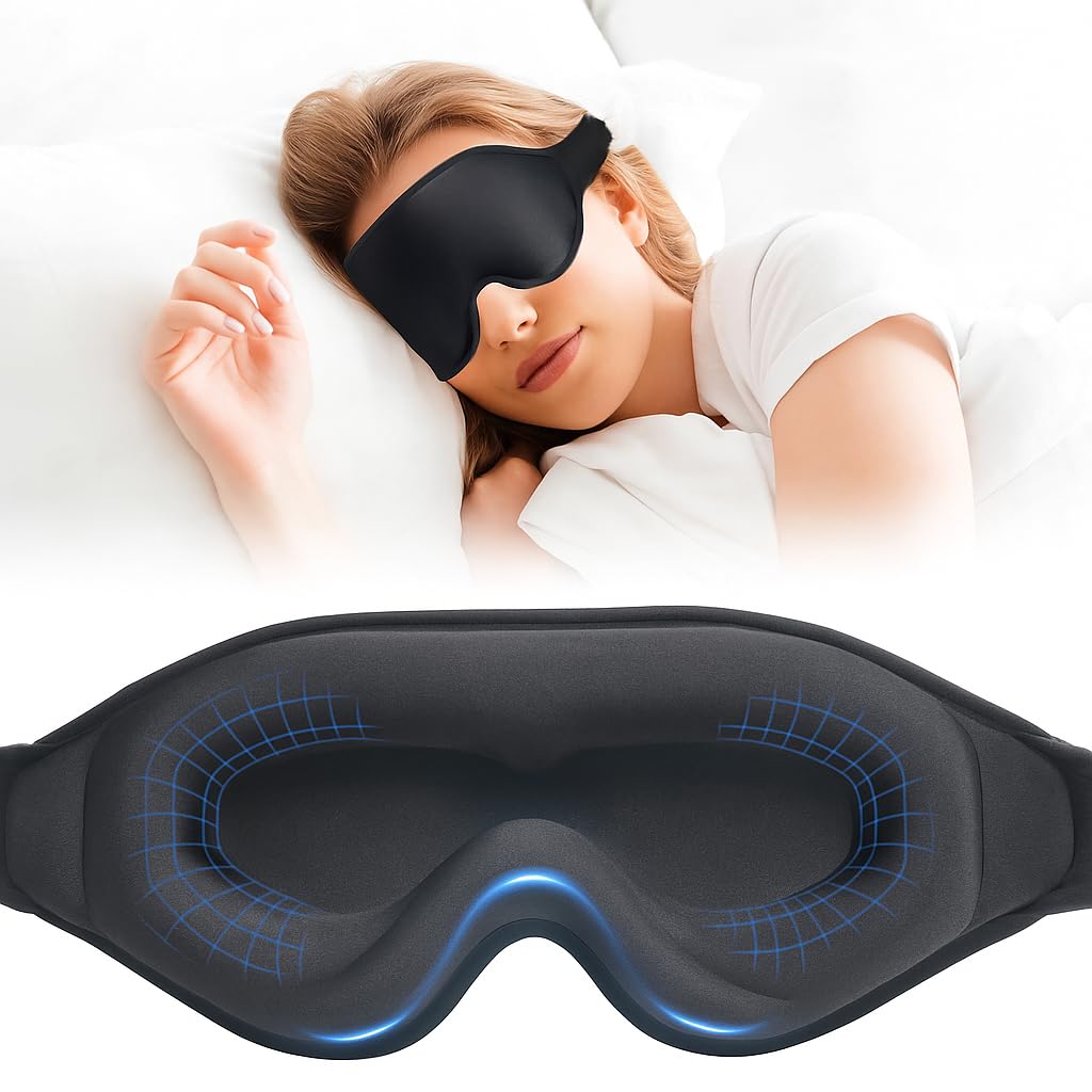 Lyrovo [UPDATED] 3D Contoured Eye Mask for Sleeping Men & Women – Memory Foam Sleep Mask, Ultra Soft Silk Cotton Blindfold for Deep Sleep, Adjustable Strap, 100% Light Blocking Eye Cover for Travel, Home & Meditation (Black)
