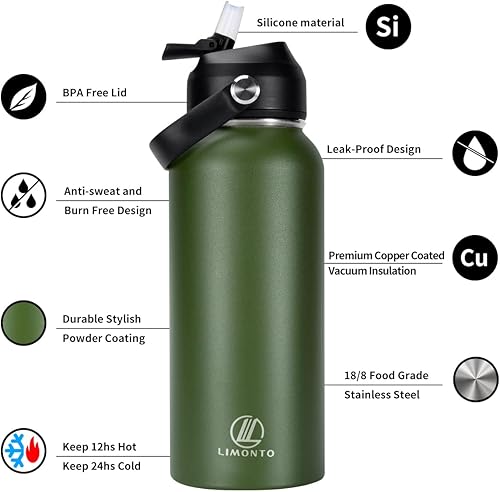 Miniatura 2 de Botella de agua aislada de 32 onzas con tapa de popote (2 tapas), botella de agua deportiva de acero inoxidable Vacumm de doble pared, taza térmica