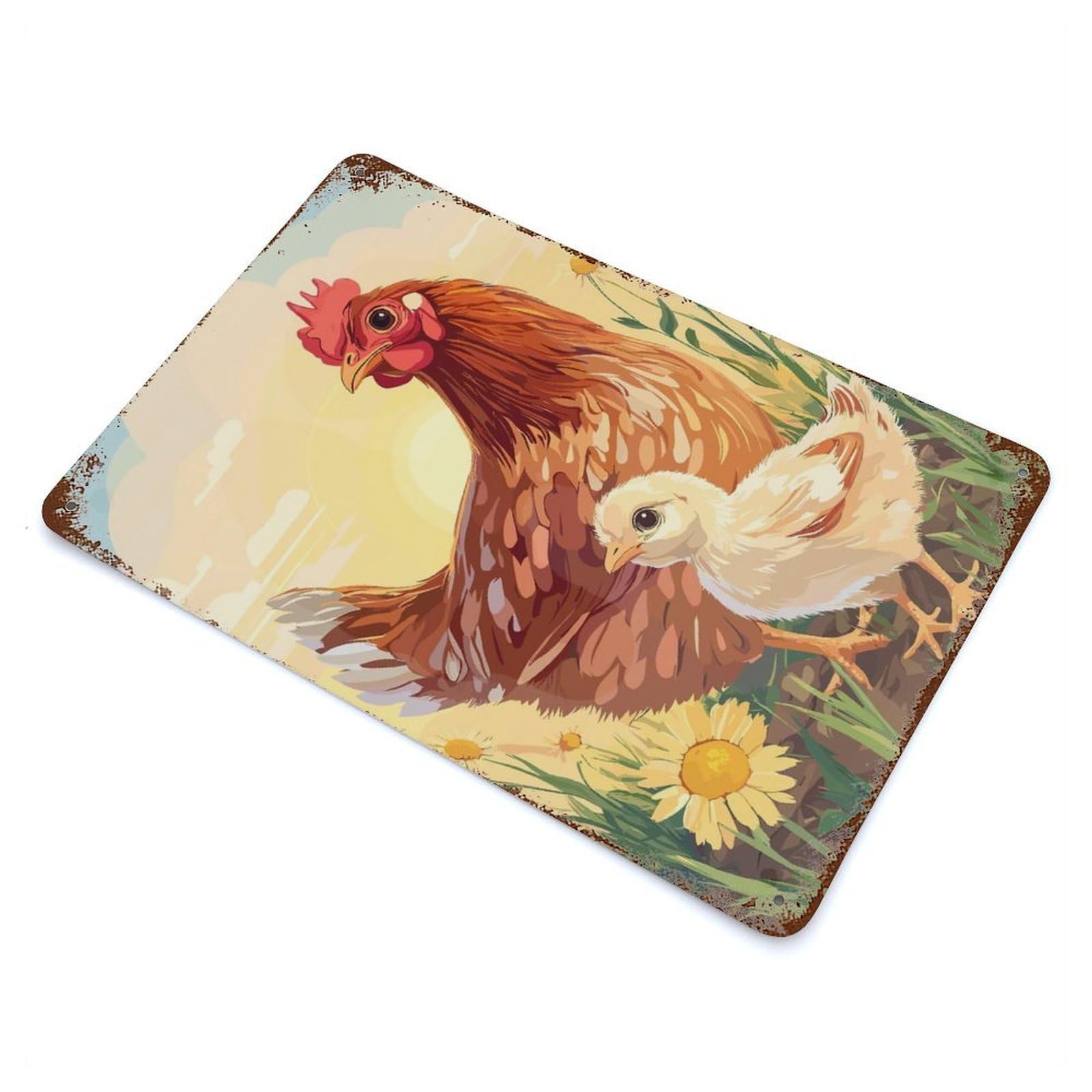 Hen And Chick in Meadow Rust Effect Tin Sign 11.8"x7.9", Ideal for Shed, Workshop And Garage Wall Decor