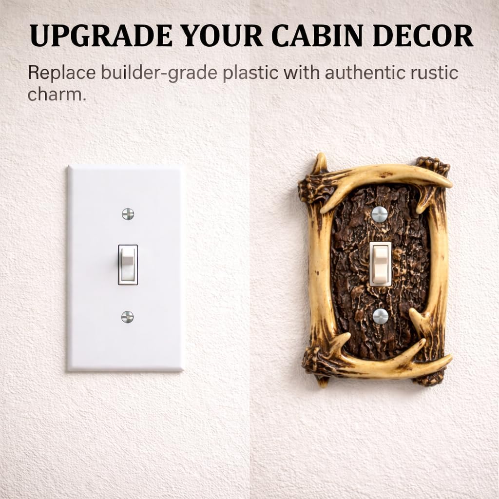 Rustic Deer Buck Antler Wall Plate Cover for Cabin Lodge or Hunter Man Cave Decor (Single Light Switch)