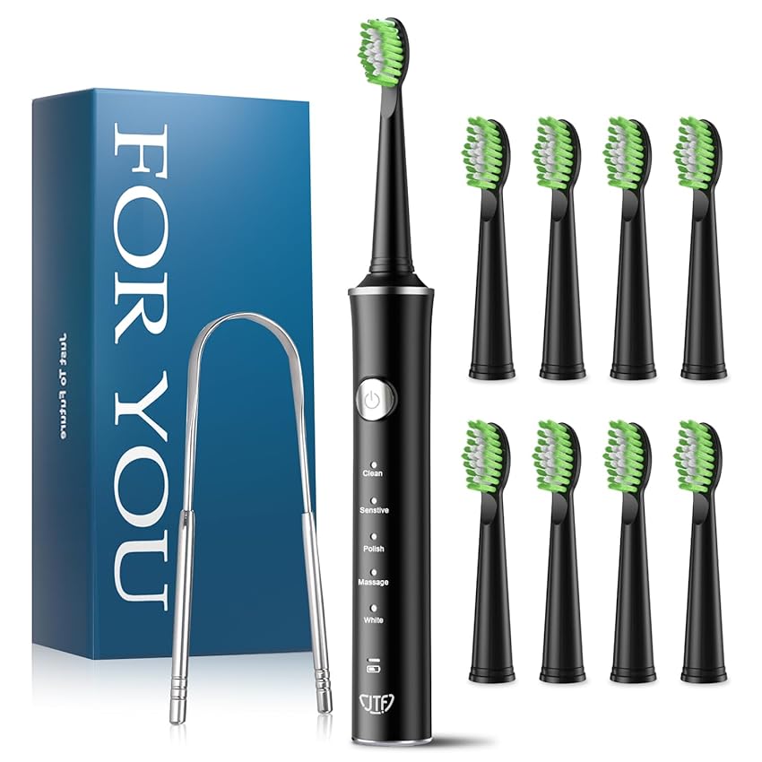 JTF Spazzolino Elettrico Sonico con 8 Testine & Raschietto Lingua, 5 Modalità e Smart Memory, Timer 2 Minuti, Impermeabile IPX7, Rechargeabilité Ricarica Rapida 3H, Adulto (Nero)