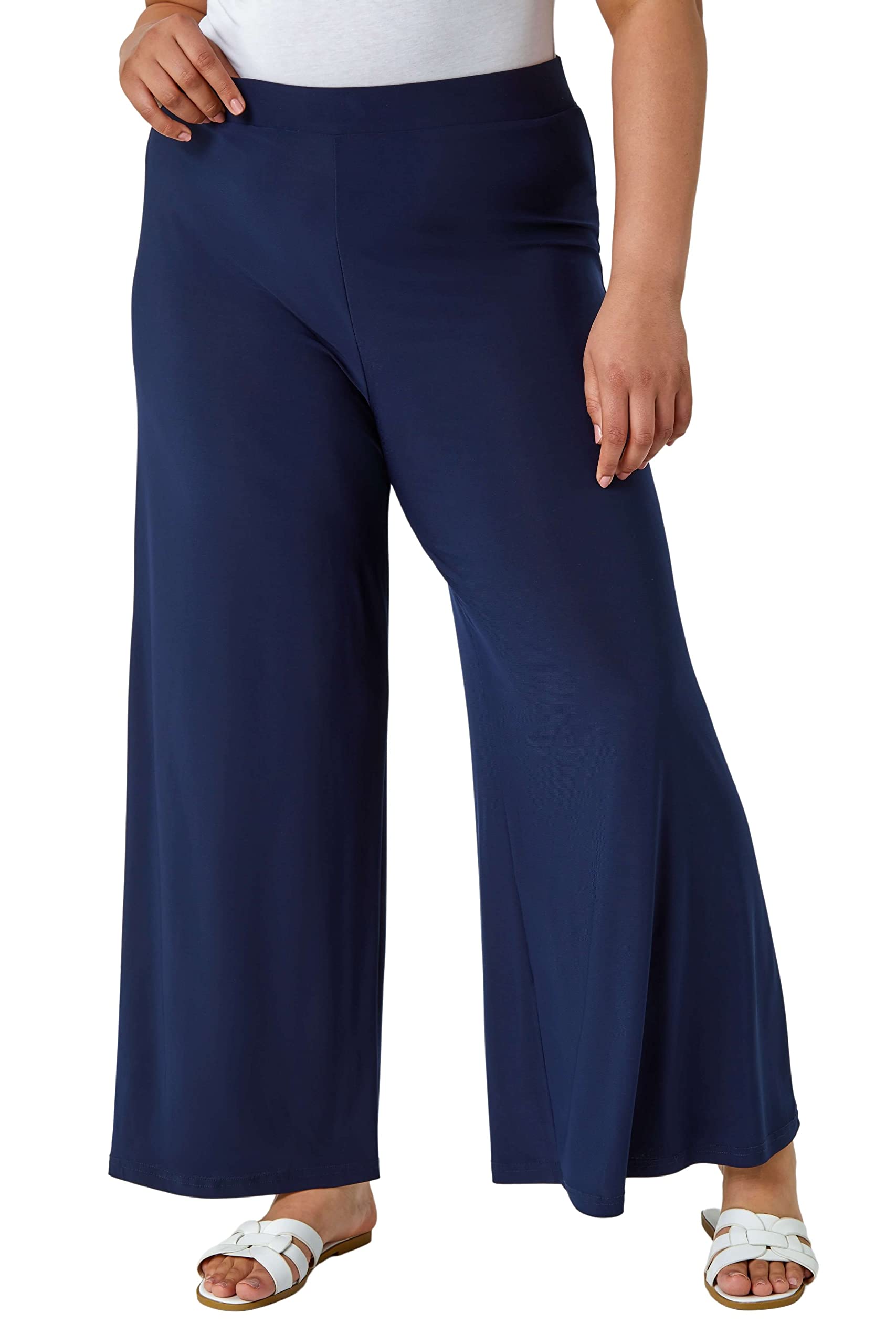 Roman Originals Women's Plus Navy Roman Wide Leg Trousers For Uk Palazzo Pants Evening Jersey Elasticated High Waist Smart Flared Culotte Office Work Going Out Loose Crepe Bottoms - Size 20