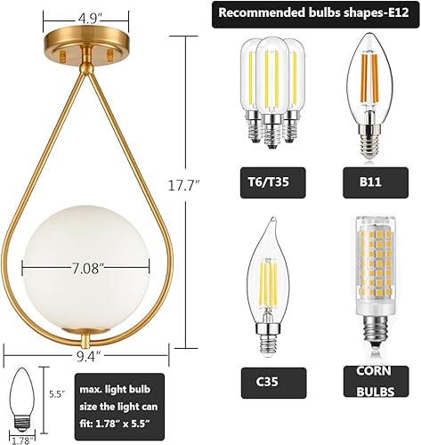 Miniatura 3 de Lámpara de techo industrial de mediados de siglo moderna de latón semi empotrado Lámpara de techo de globo de vidrio de leche de ópalo