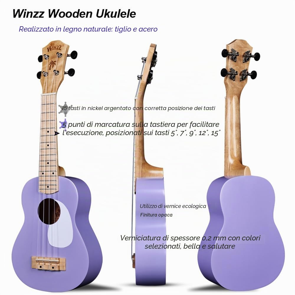 Winzz Ukulele soprano per bambini per adulti e bambini, 53 cm, colore viola