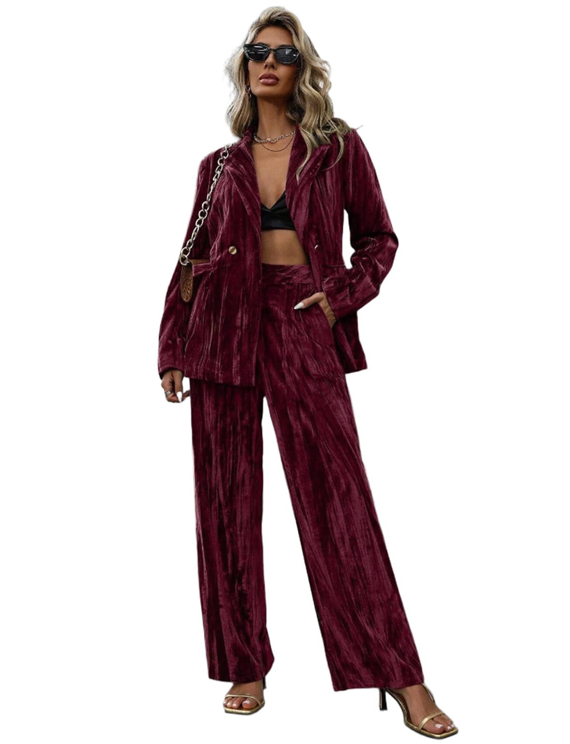Kromoc Womens Velvet Two Pieces Suit Notch Lapel Double Breasted Buttons Jacket Pants Set Tuxedos Formal