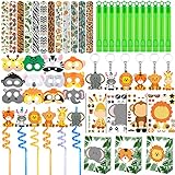 Jungle Safari Party Favors Set 84 PCS Wild Animals Theme Masks Sticker Keychains Straws Slap Bracelets Bubble Sticks Gift Bags for Kids Birthday Party Baby Shower Goodie Bag Fillers Jungle Safari