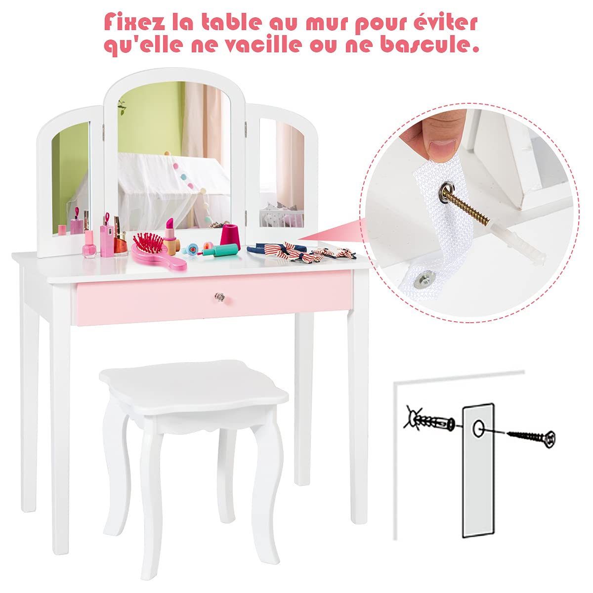 COSTWAY Coiffeuse pour Enfants avec Miroir à Trois Volets, Ensemble de Coiffeuse 2-en-1 avec Dessus Amovible, Tabouret Inclus, Jeu de Simulation de Beauté pour Filles (Blanc)