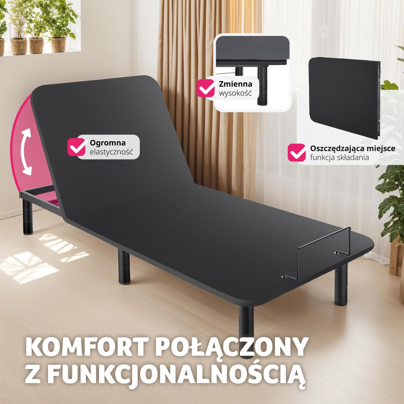 tectake® Elektryczny Stelaż do Łóżka, z Dwoma Mocnymi i Cichymi Silnikami, Regulacja Oparcia i Podnóżka, Sterowanie Pilotem, Wytrzymała Stalowa Konstrukcja, Nogi z Regulacją Wysokości, 90 X 200 cm