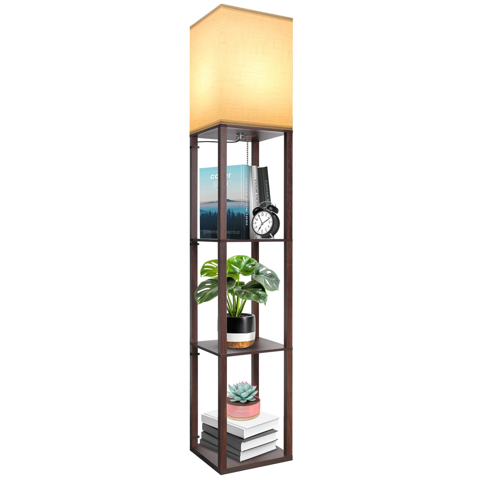 Lámpara de Pie de Madera, 1.60 M Luz de Salón con Bombilla y Pantalla, Luce de Pie de Estante de Madera Vintage con Ajuste de Temperatura en 3 Colores para Salón, Dormitorio y Oficina - Marrón