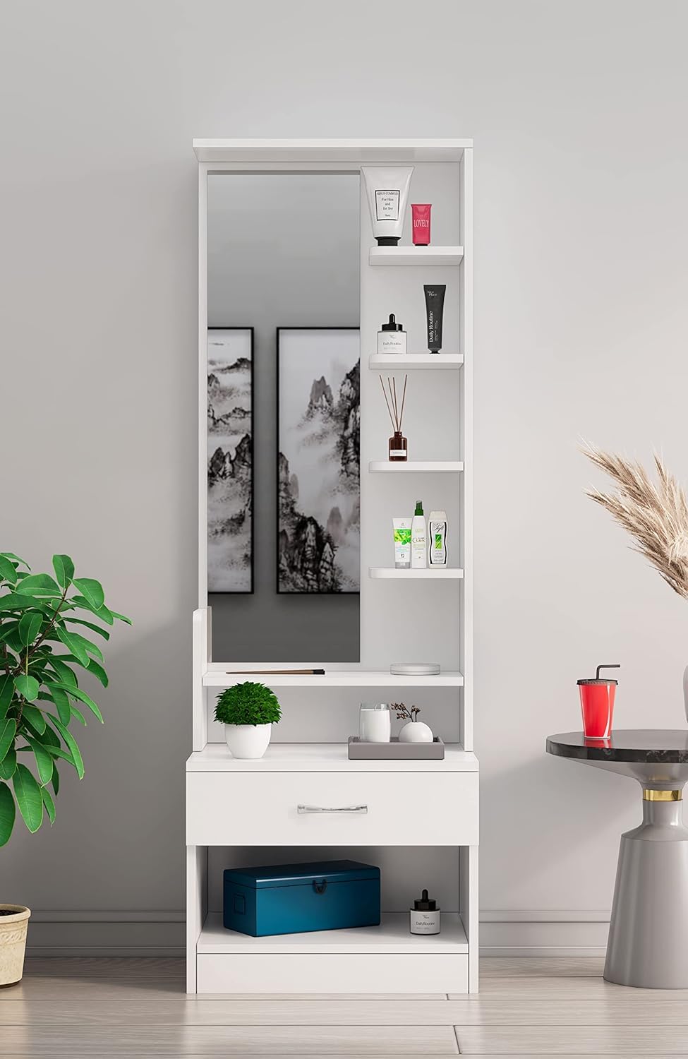 Wooden Dressing Table for Bedroom with 1 Drawer, Mirror and Huge Storage Space | Long Dresser Vanity Table with Mirror (42D x 60W x 180H CM) | 1 Year Warranty (Frosty White, HXDR102)