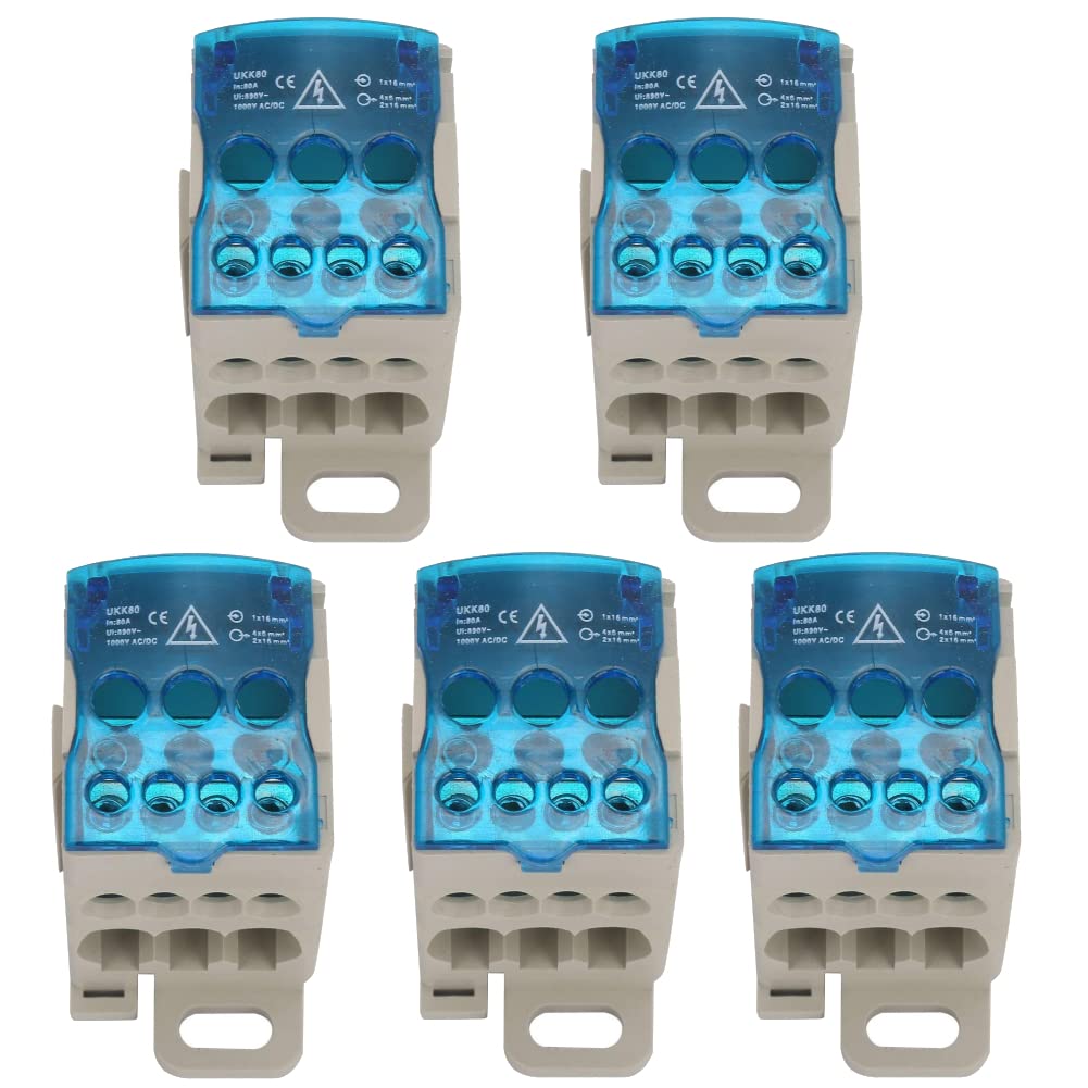 Elektrischer Klemmenblock, 5 Stück UKK-80A Anschlussdose, Klemmleiste, DIN-Schiene, 16 mm², Verteilerkasten, Stromverteiler, neutral, für Verteilerschränke mit hoher Spannung