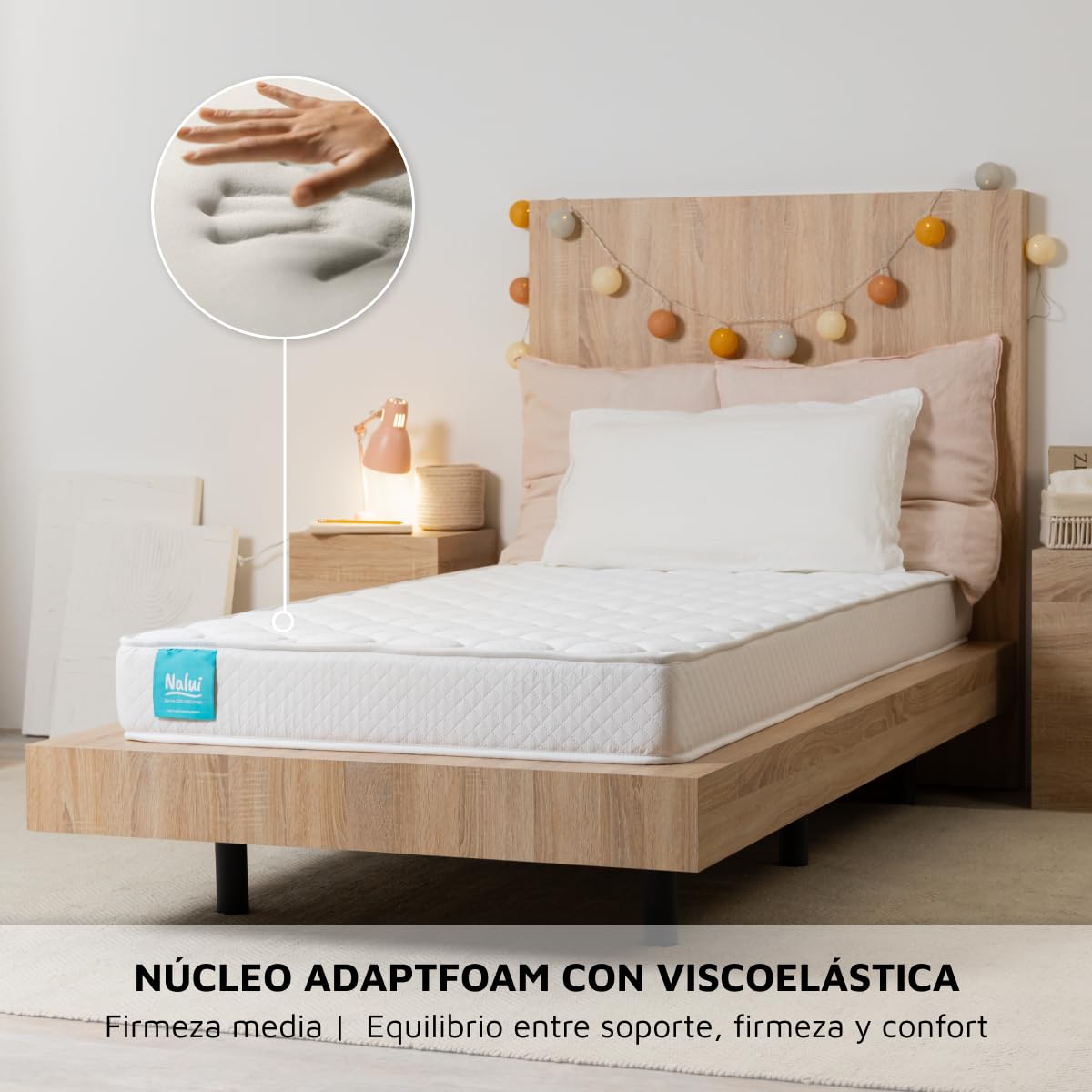 NALUI - Colchón Viscoelástico 90x180 One 15 con Firmeza Media y Grosor 15cm. Capa Viscoelástica Cloudfeel, Tejido Transpirable 3D Air Path y Multicapa 8 Airsoftpro. Fabricado en España, Blanco
