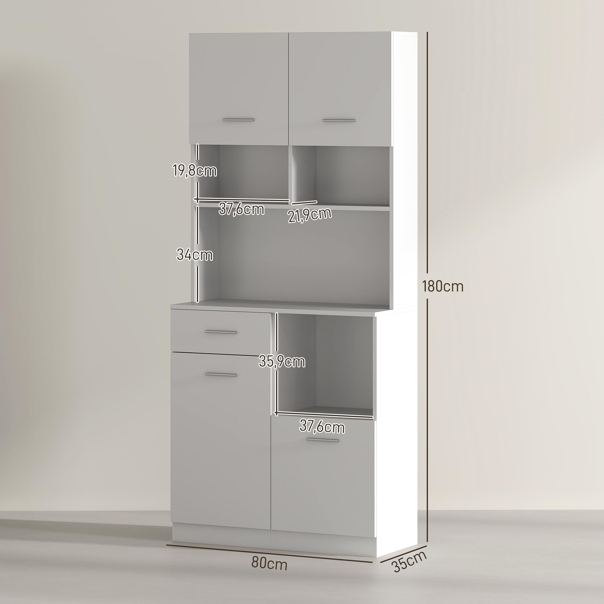 HOMCOM Küchenschrank, Hochschrank mit verstellbaren Regal, Schublade, Buffetschrank mit Soft-Close-Tür, Vitrinenschrank Aufbewahrungsschrank für Küche, Esszimmer, 80 x 35 x 180 cm, Weiß