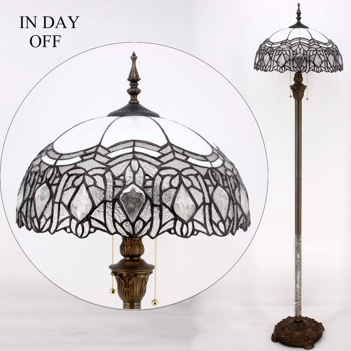 WERFACTORY Tiffany Floor Lamp Crystal Bead White Stained Glass Standing Reading Light 16X16X64 Inches Antique Pole Corner Lamp — view 4