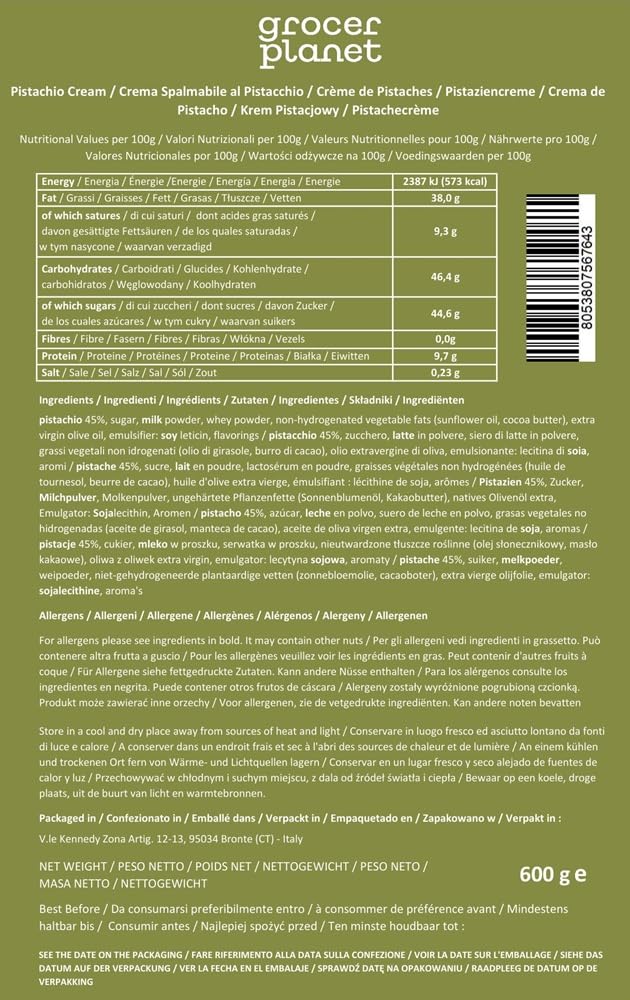 Grocer Planet - Crème Douce de Pistaches (600g) | Avec 45% de Pistaches | Cuisine Italienne Gourmet | Ideal pour les petits déjeuners et les desserts