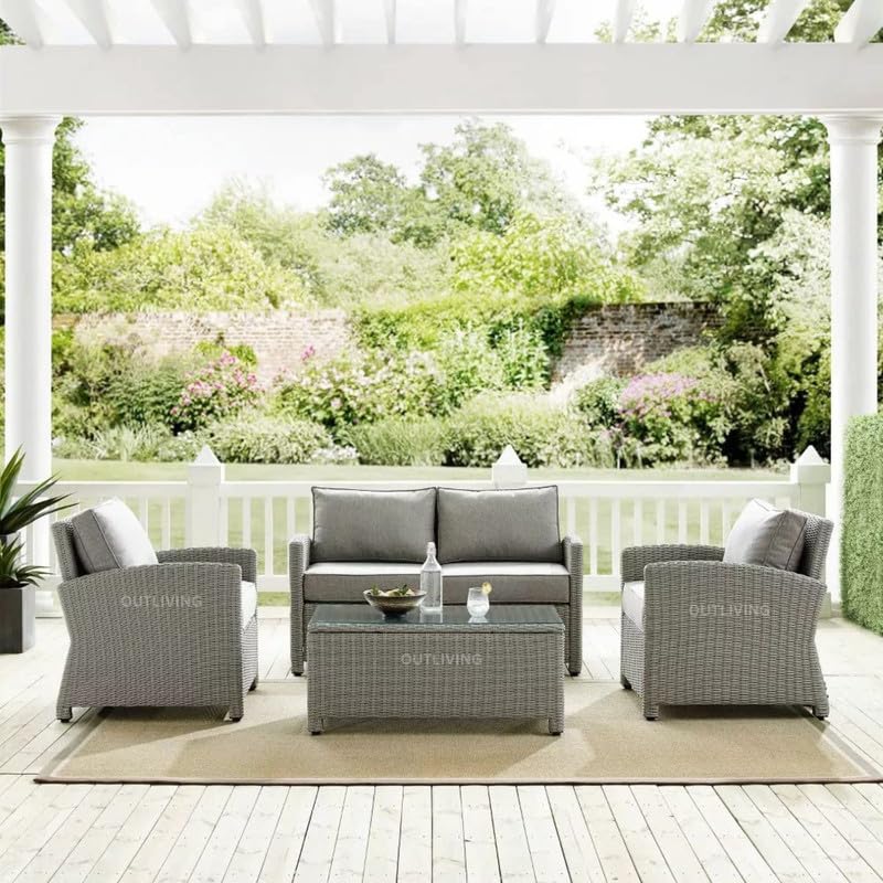 Image of OUTLIVING Garden Sofa Set Outdoor Sofa with Cushions and Center Table | Patio Furniture Set | Garden Backyard Sofa Conversation Sets for Living Room Home Office Balcony (4 Seater-Light Grey)