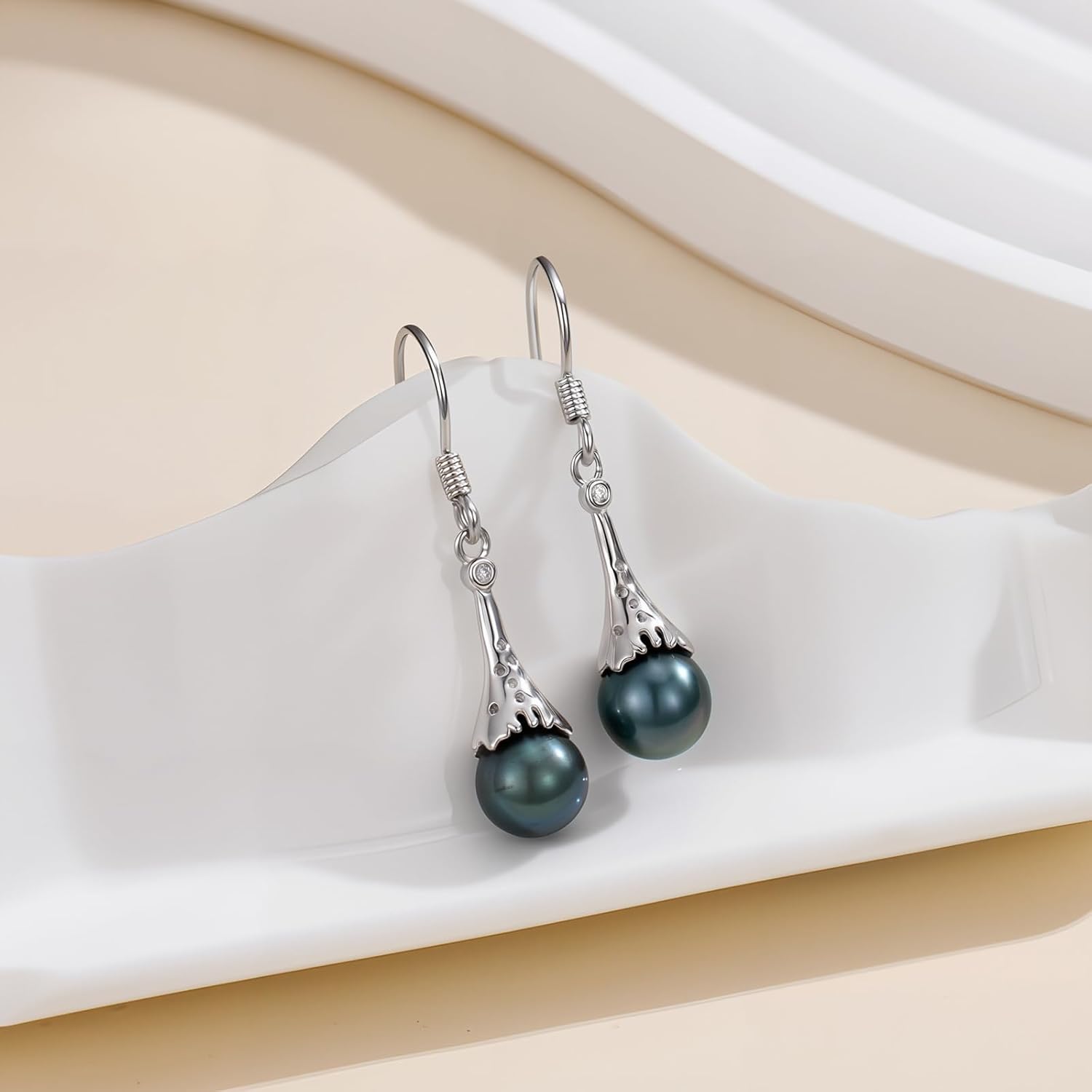 925 Sterling Silver Black Pearl Dangle Drop Earrings for Women,4-9mm Round Cultured Pearl Hook Earrings Jewelry Gift for Women Christmas Mother's Day Valentine's Day Birthday Anniversary - Image 2