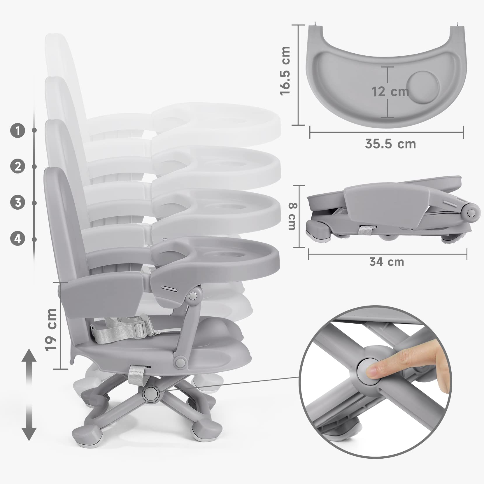 YOLEO Réhausseur Chaise Enfant Pliable, Chaise Haute Bébé Portable, Siège, Chaise repas en Hauteur Réglable, Plateau Amovible, 6 mois à 3 ans, Gris