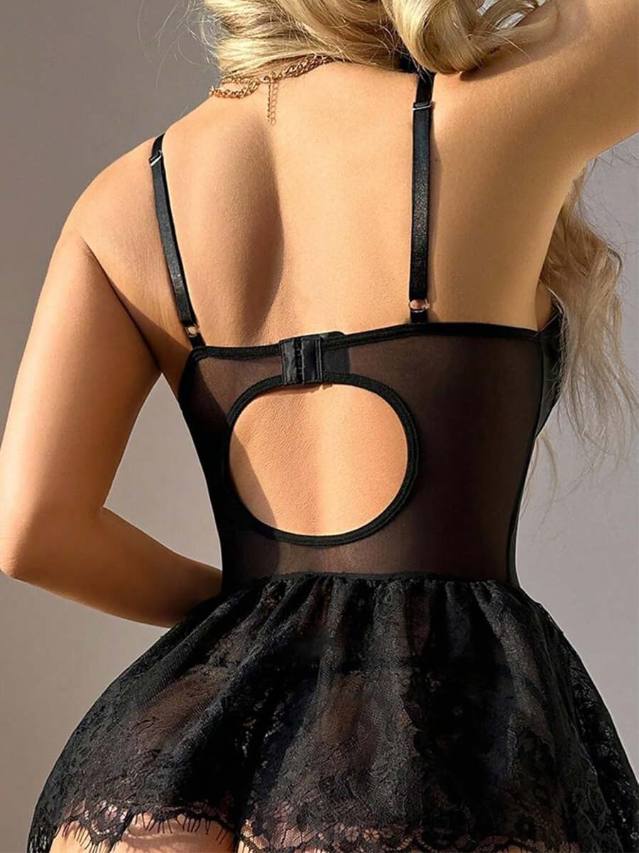 Women Sexy Lingerie Set Underwired Lace Up Corset Bodysuit Babydoll Garter Lingerie With Stockings - Image 5