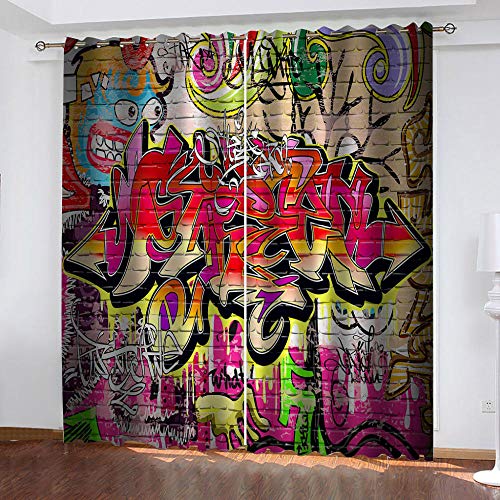LOVEXOO Rideau Occultant Graffiti d'art 67.5x240cm Rideau Voilage Lot de 2 Solide Doux à Oeillets Rideaux Isolant Rideau Protège Contre Vent,pour Chambre à Coucher Salon Cover