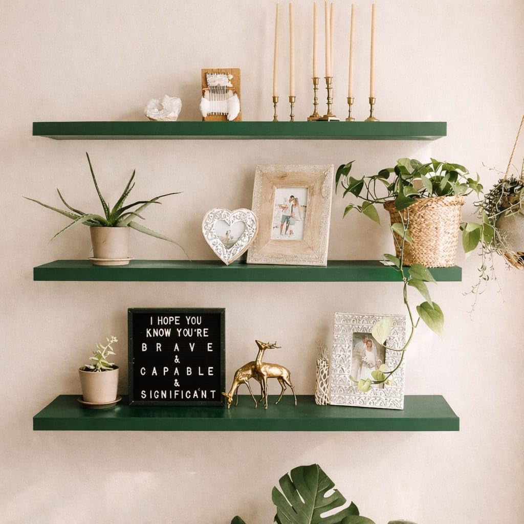 Kassar Store White Floating Wall Shelves, Set of 3, Modern Display Ledge for Home Decor (Green)-image-26