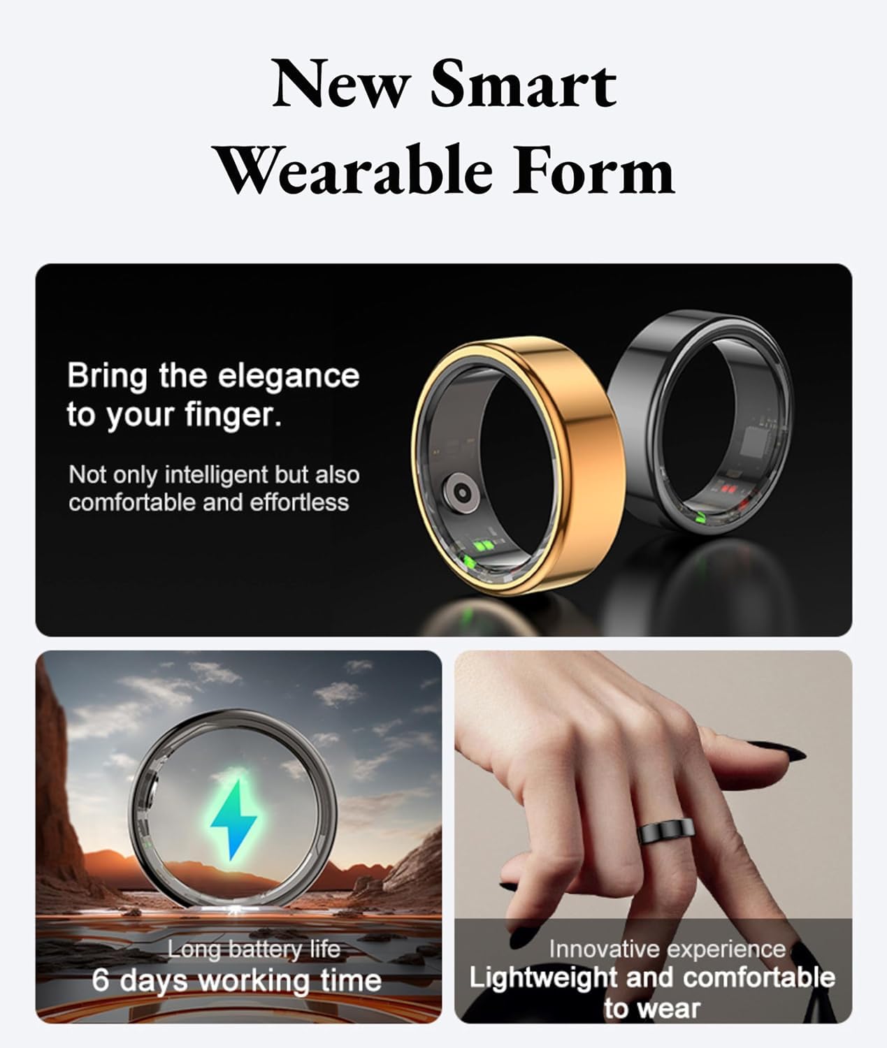 Anillo inteligente, rastreador de salud y fitness para hombres y mujeres, soporte para monitoreo del sueño, conteo de pasos, anillos de salud creativos de moda (negro, 12#)