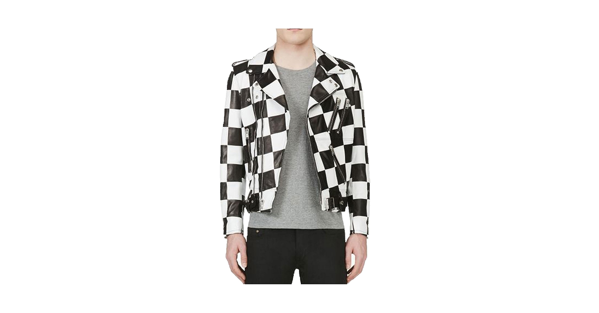ジャケット・アウター 2pattern Checked Jacket - type B Men's Classic Moto Biker Checkerboard Leather Jacket (as1