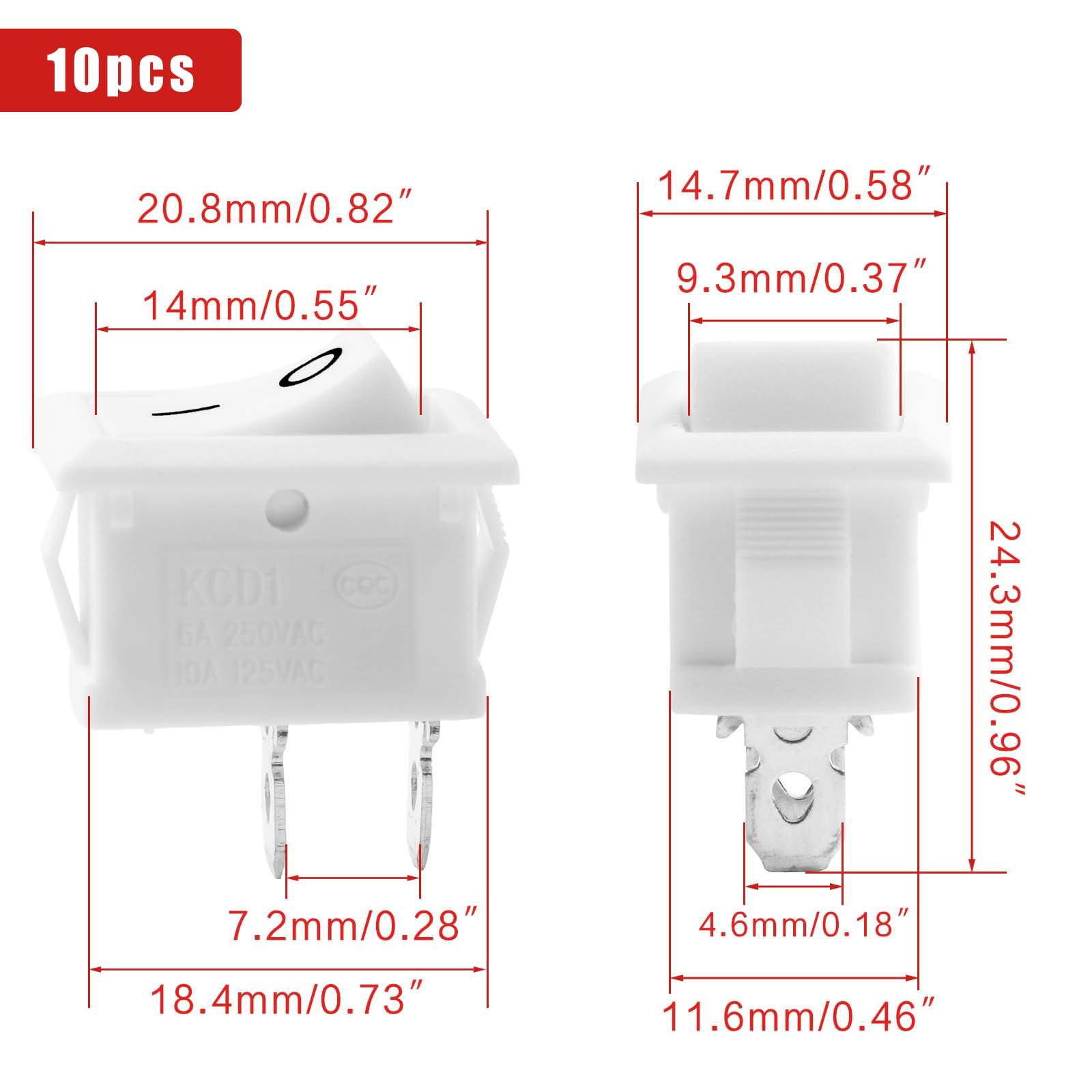 10pcs On Off Switch 2 Position, 2 Pin Snap-in Boat Rocker Switch White Kcd1 Ac 250v 6a 125v 10a