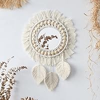 Artilady Boho Macrame Hanging Wall Mirror - Round Fringe Acrylic Leaf Decor for Living Room, Bedroom, Nursery, Apartment