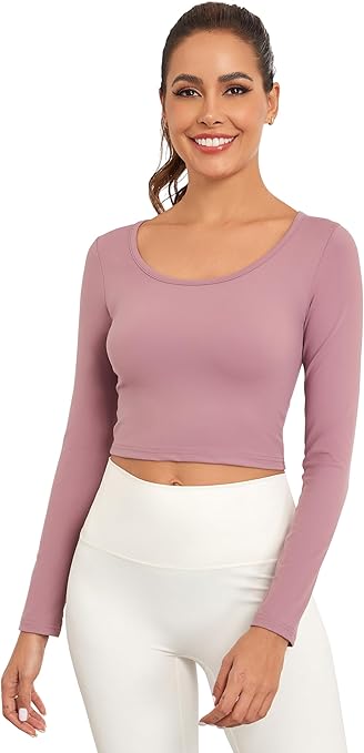 Qzzater Women's Long Sleeve Crop Tops Scoop Neck Lightweight Workout Slim Fit Going Out Gym Yoga Shirts