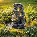Giantex 5-Tier Water Fountain Outdoor, 18 Inch Cascading Stacked Stone Waterfall Fountain with Lights & Pump, Outside Zen Water Feature for Patio, Balcony, Deck, Garden, Yard Decor