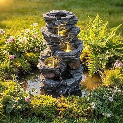 Giantex 5-Tier Water Fountain Outdoor, 18 Inch Cascading Stacked Stone Waterfall Fountain with Lights & Pump, Outside Zen Water Feature for Patio, Balcony, Deck, Garden, Yard Decor