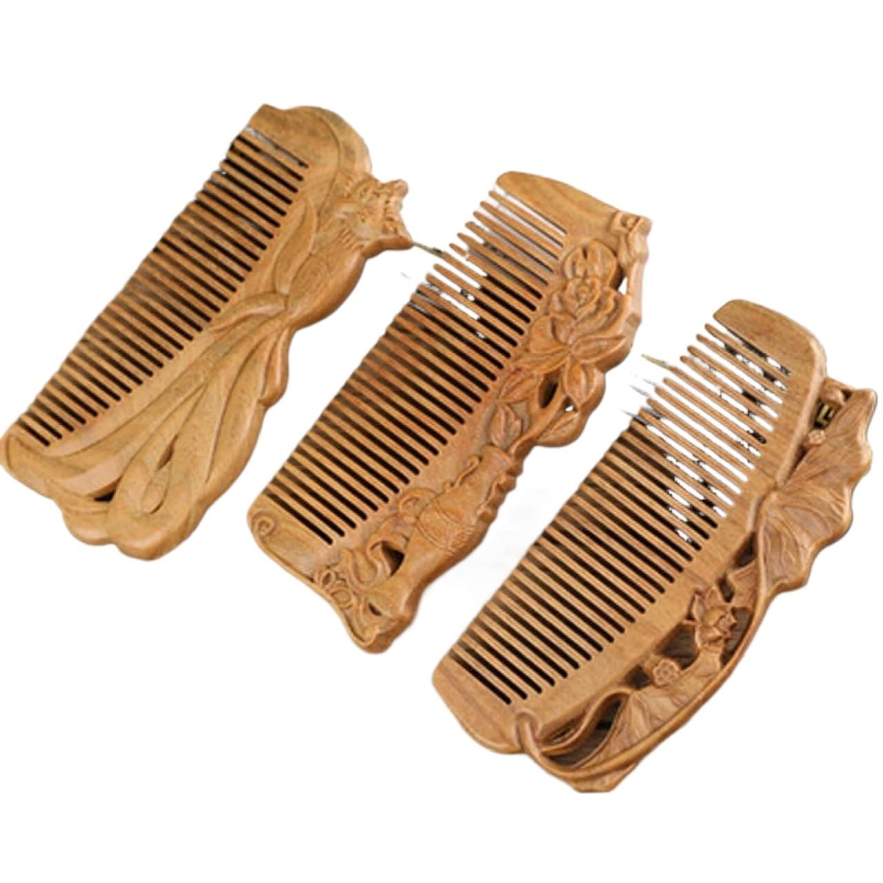 grzebień, grzebień z szerokimi zębami do loków, Hand carved Sandalwood Craft Comb Natural Green Sandalwood Embossed Wooden Comb Wooden Comb Gift,07 (Color : 7)