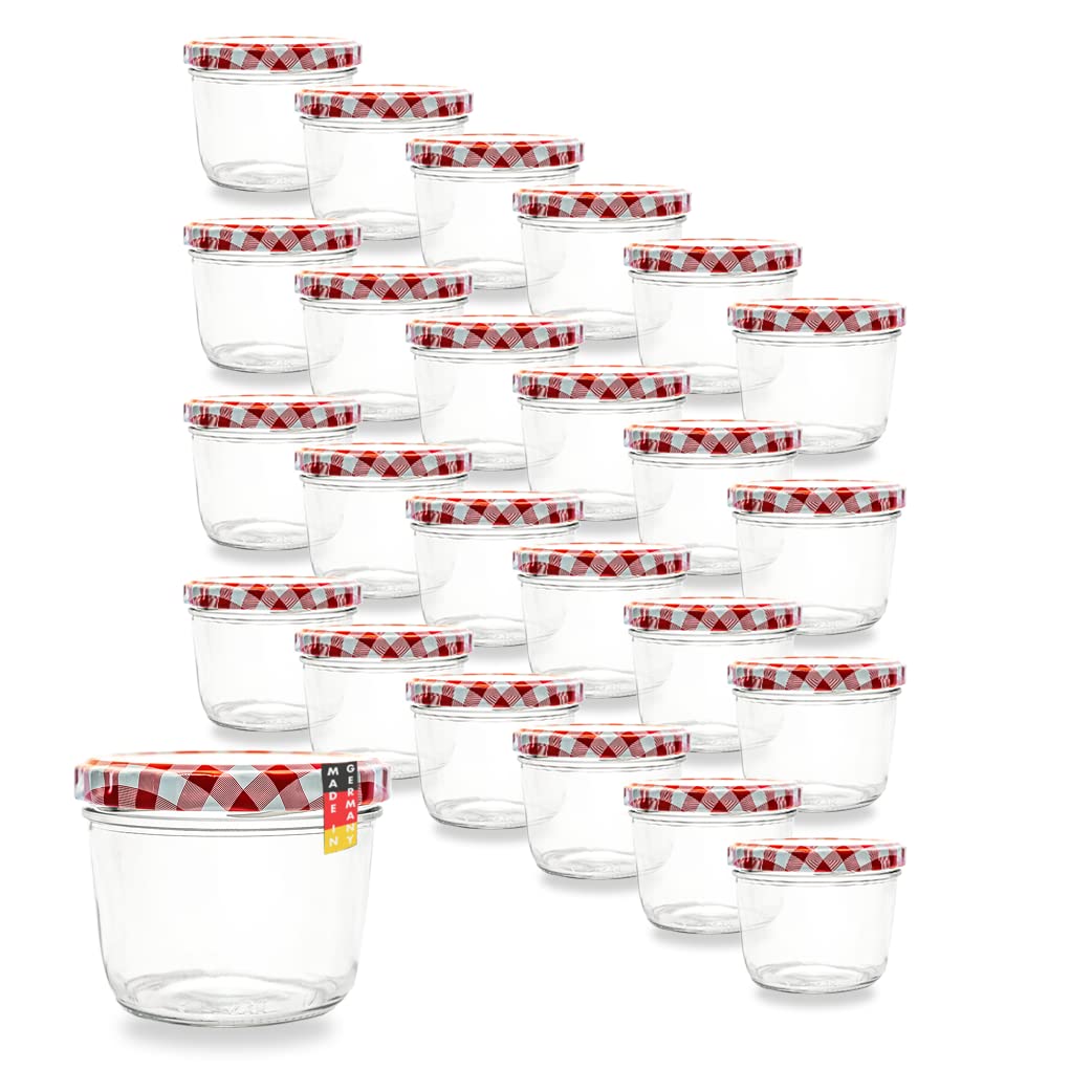 Flaschenbauer - Einmachgläser 230ml 24er Set - Marmeladengläser mit farbigen Deckel, Schraubgläser, Joghurtgläser, Sturzgläser zur Aufbewahrung, mit Twist-Off-Deckel - Made in Germany (Rot-kariert)