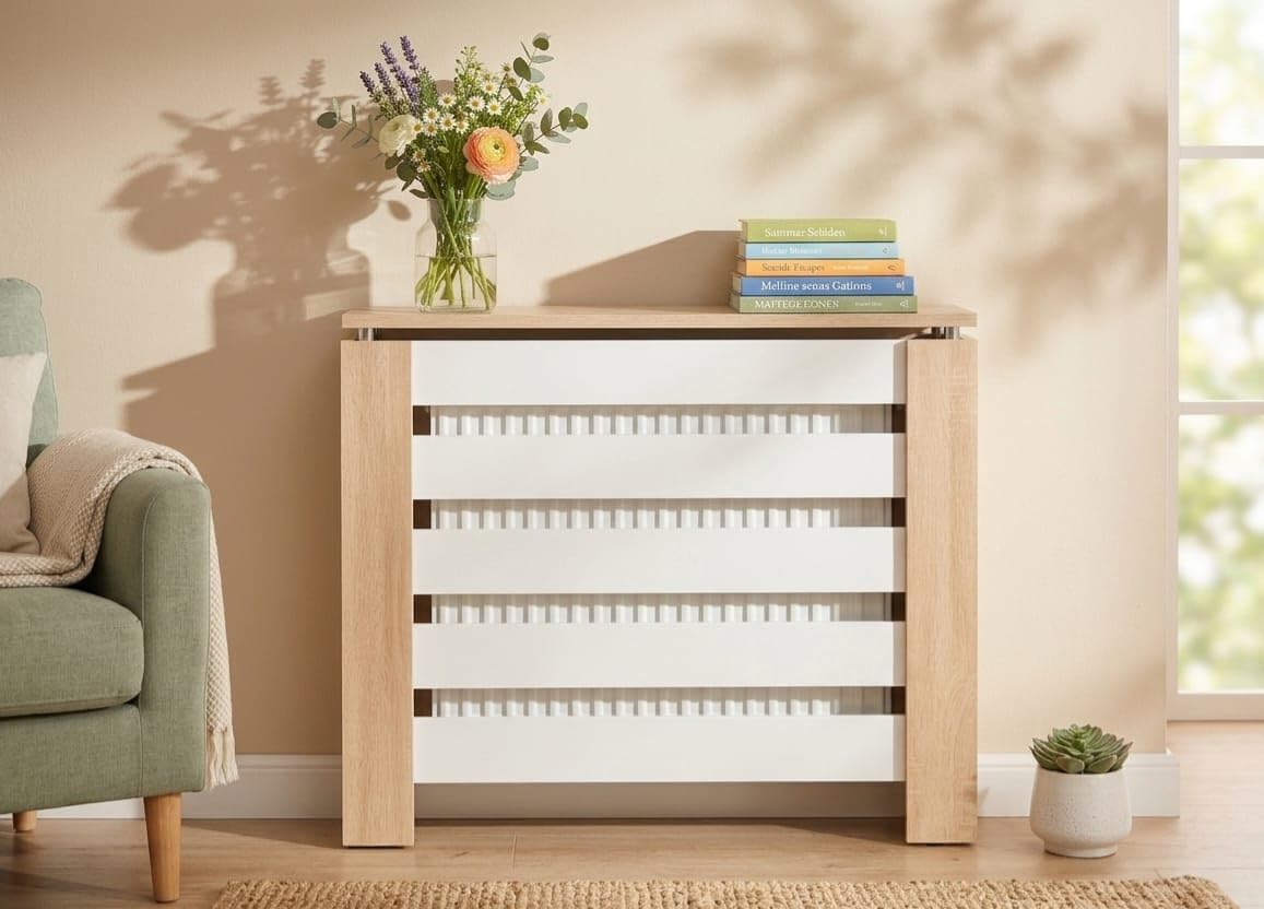 D&J Muebles Kit Cubre Radiador Roble y Blanco Moderno Hércules 90cm | Mueble Decorativo con Listones | Oculta Radiador con Fácil Montaje | (60cm - 90cm - 120cm) 90x83,5x19,5