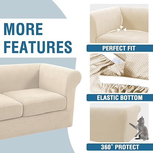 Miniatura 5 de H.VERSAILTEX 3 fundas elásticas Chesterfield para sofá de 2 cojines, fundas de asiento profundo de mediados de siglo para sofássofás con parte