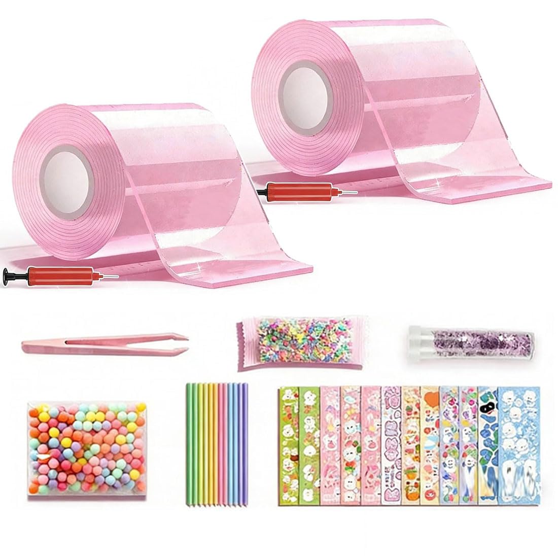 ALCOGOALL Glitter Bubble Nano Tape Toy Set, Nano Tape Bubble Kit for Kids, DIY Nano Tape Squish-y Making Kit, Double Sided Adhesive Bubbles with Glitter Stickers for Boys Girls Age 2 Set (Pink)