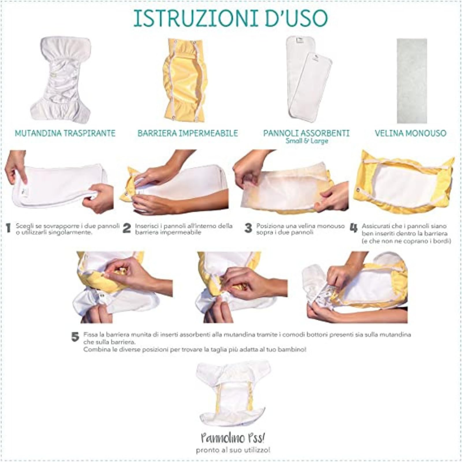 Pss! Pannolino riutilizzabile in tessuto regolabile con bottoni, per bambini da 0 a 3 anni - 4 assorbenti e 2 barriere contenitive - Impermeabile e comodo - 1 unità - Modello Glam -Squali