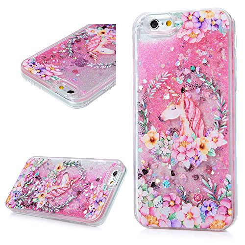 iPhone 6 case, iPhone 6S Case (4.7), Mavis's Diary Bling Glitter Sparkle Flowing Liquid Quicksand Moving Sequins Protective Hard PC Back Cover with Soft TPU Rubber Frame - Painted Unicorn Flower