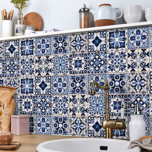 Image of Ntrniva Tile Stickers 15x15cm (24pcs) - Navy Blue Mandala Moroccan Style Peel and Stick Wall Tiles for Kitchen Splashback, Bathroom & Fireplace - Waterproof Self Adhesive Vinyl Transfers (6x6 Inch)