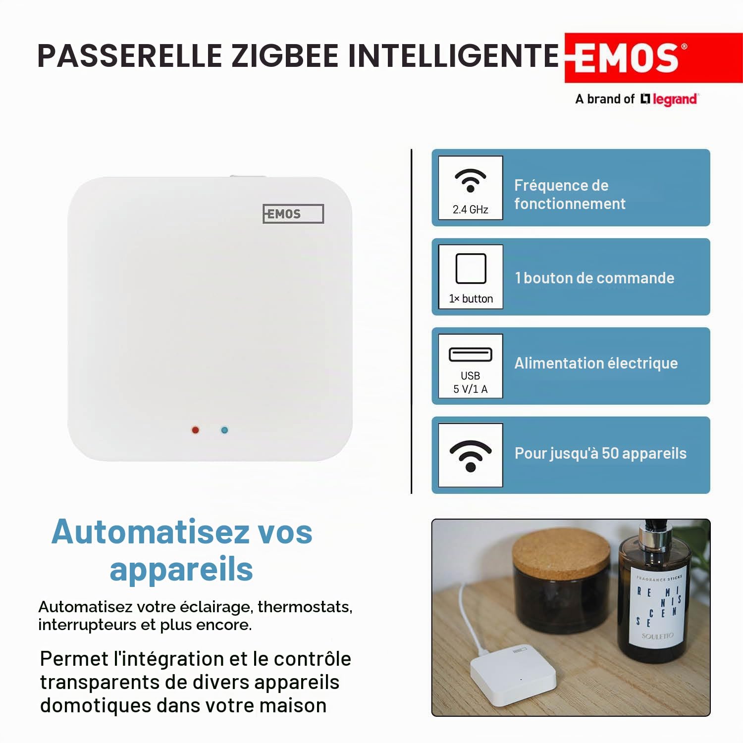 EMOS GoSmart ZigBee Passerelle IP-1000Z Smart Home Hub Compatible avec Tuya, Smart Life, Prise en Charge Bluetooth, 2,4 GHz WiFi, 6 x 6 cm, Blanc