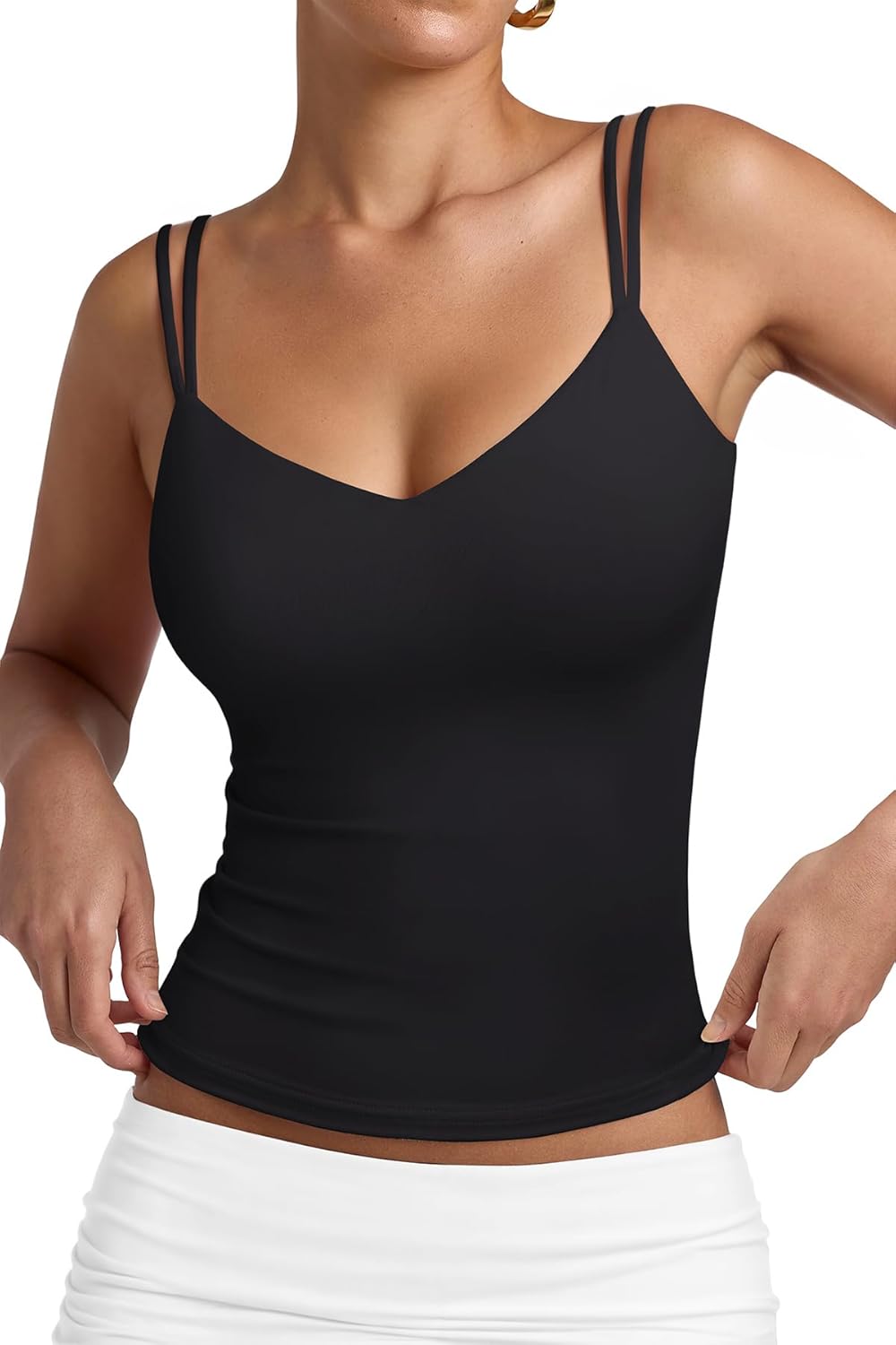 PINKMSTYLE Women Sexy V Neck Tank Top Sleeveless Double Lined Slim Fit Summer Double Spaghetti Strap Cami Going Out Tops