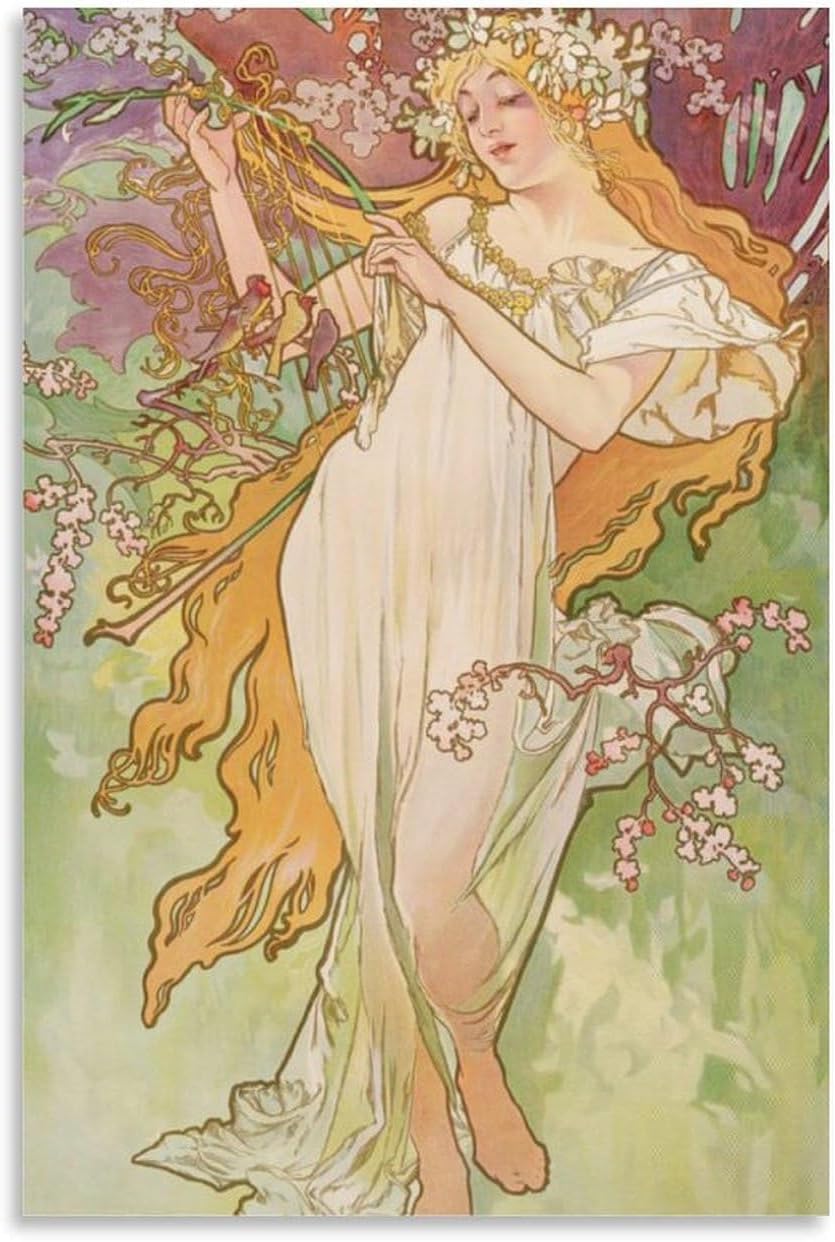 ZZYGGN GMGSW The Seasons Spring by Alphonse Mucha Canvas Poster Vintage Wall Art Painting Alphonse Mucha Prints for Office Picture Decor 40x50cmx1 Frameless
