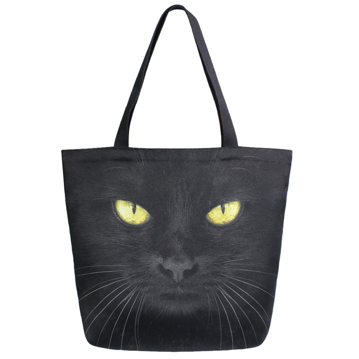 Chic Extra Large Shoulder Grocery Tote Bag, 3D Yellow Eye Black Cat Print Canvas Reusable Handle Bags for Men Women Gym Weekender Picnic Beach Travel