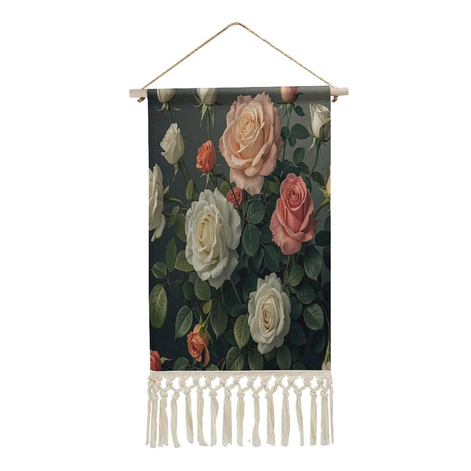 FekiLoot Roses Print Wall Art Print Decor Art Tapestry with Tassel Cotton Linen Hanging Poster Vintage Aesthetic Wall Art Poster Rustic Wall Art Decor for Home Bedroom Living Room Office