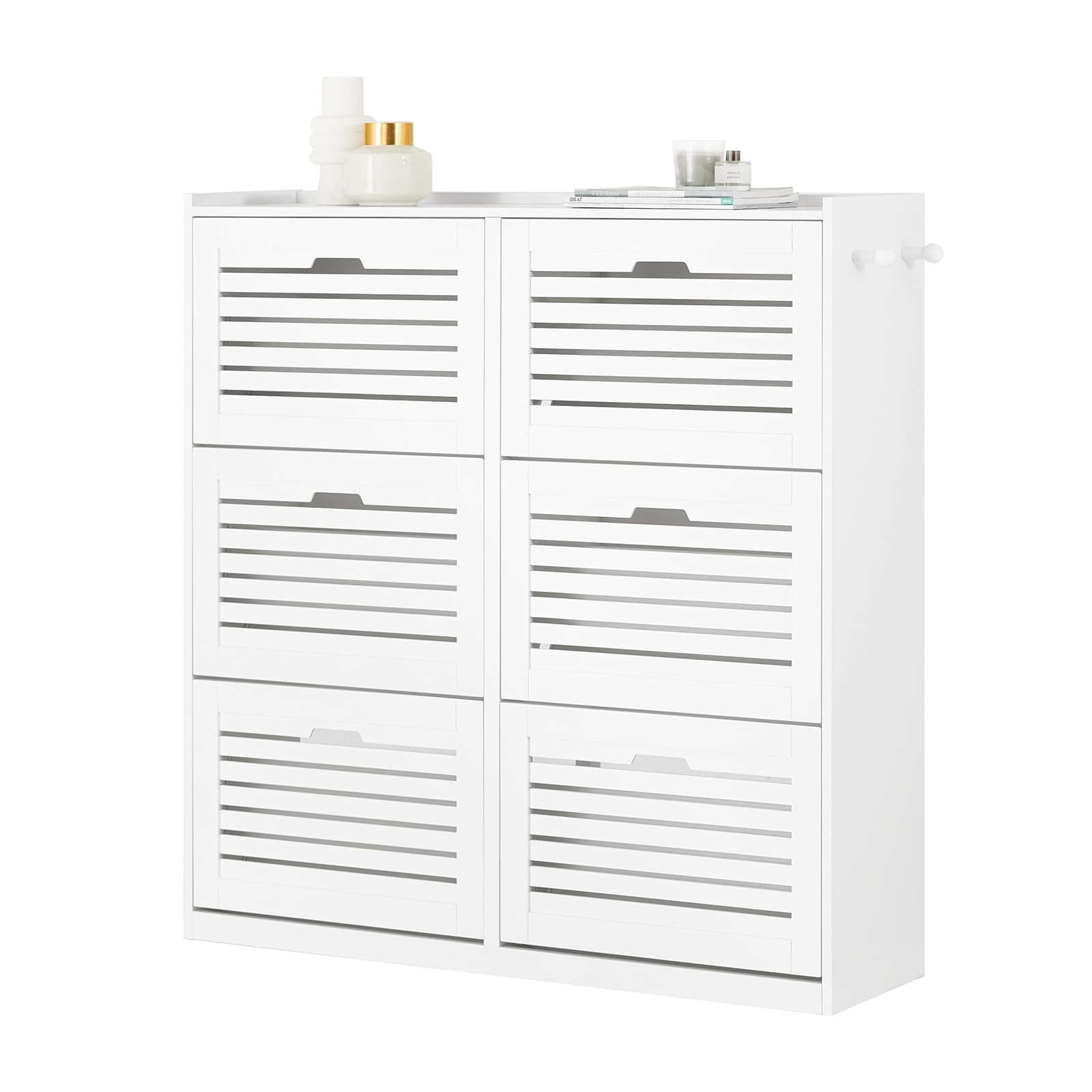 SoBuy Meuble à Chaussures à 6 Abattants, Meuble de Rangement à Chaussures, Armoire à Chaussures Coffre de Rangement avec 2 Crochets, Grande Capacité pour Entree, Couloir, 115x30x112 cm, FSR145-W