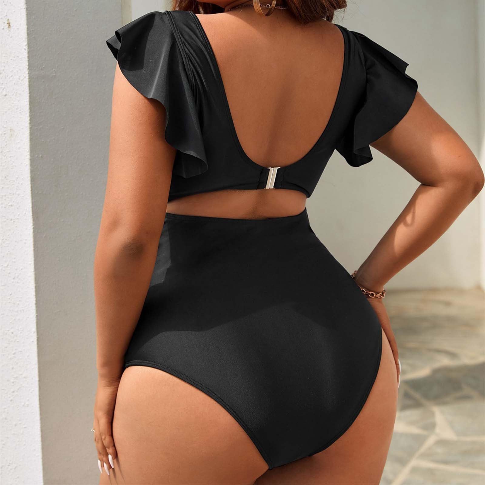 Bikini Kobiety Plus Size Strój Kąpielowy Jednolity Kolor Wysoka Talia Eleganckie Monokini dla, Czarny, 3XL